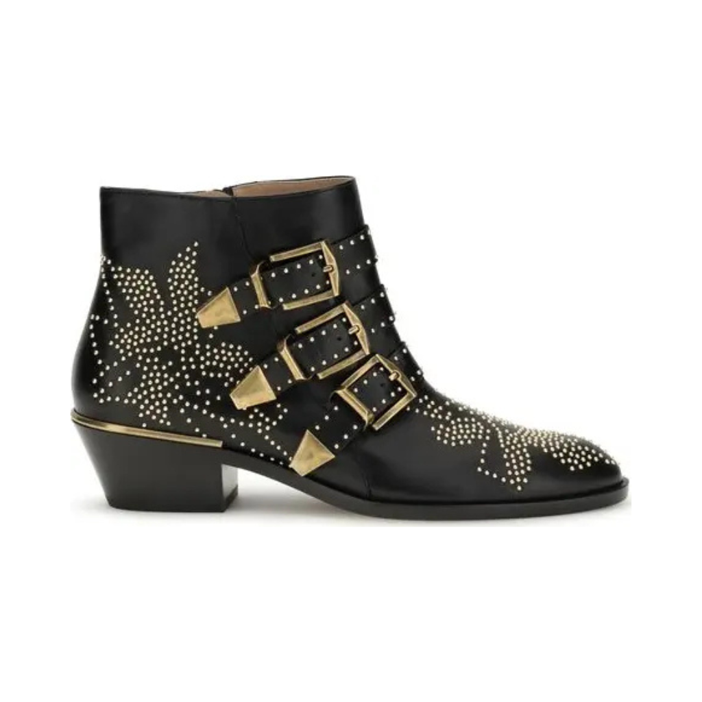 Chloé "The Susan" Studded Boots - Black Leather with Gold Hardware