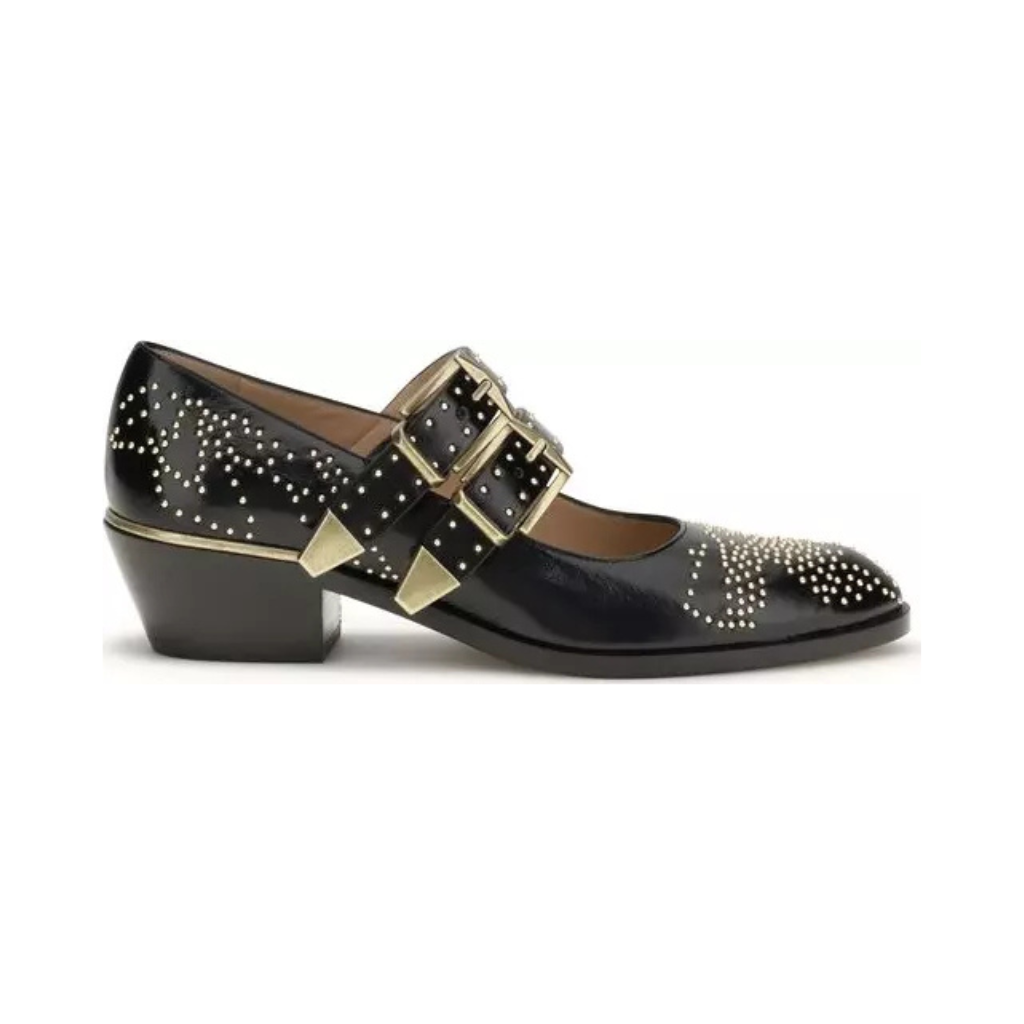 Chloé "The Susanna" Studded Leather Mary Jane Pumps - Black & Gold