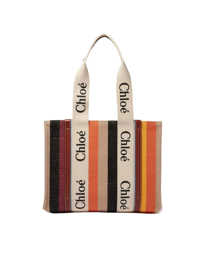 Chloé – Woody Medium Tote Bag in Lino Multicolor con Logo Chloé