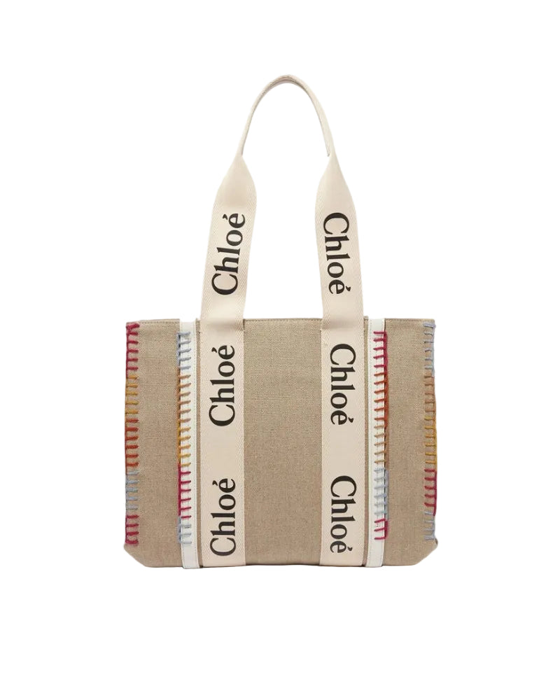 Chloé – Woody Medium Tote Bag in Lino con Ricami Multicolor