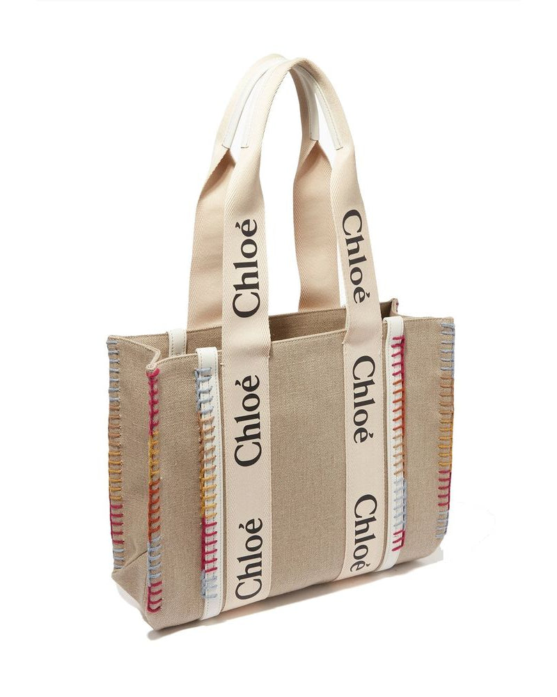 Chloé – Woody Medium Tote Bag in Lino con Ricami Multicolor