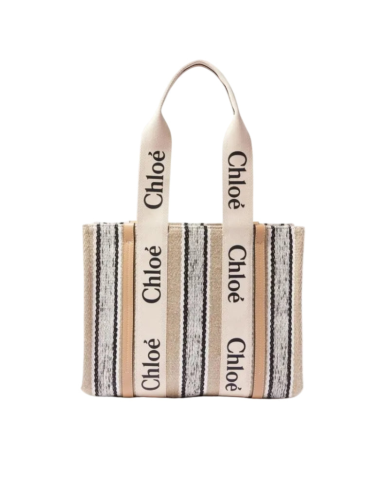 Chloé – Woody Medium Tote Bag in Lino Rigato con Logo Chloé