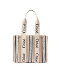 Chloé – Woody Medium Tote Bag in Lino Rigato con Logo Chloé