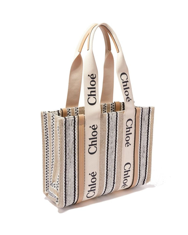 Chloé – Woody Medium Tote Bag in Lino Rigato con Logo Chloé