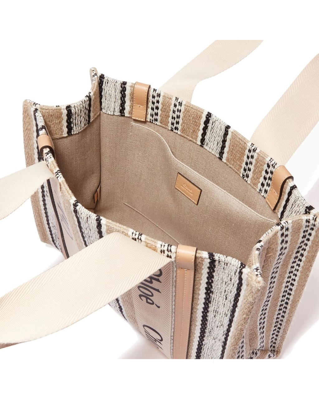 Chloé – Woody Medium Tote Bag in Lino Rigato con Logo Chloé