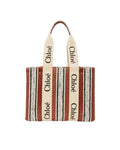 Chloé – Woody Medium Tote Bag in Lino a Righe con Logo