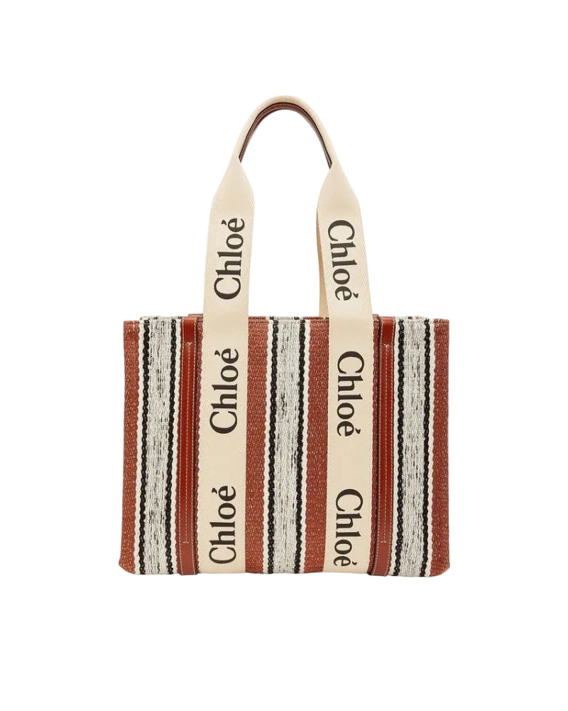 Chloé – Woody Medium Tote Bag in Lino a Righe con Logo