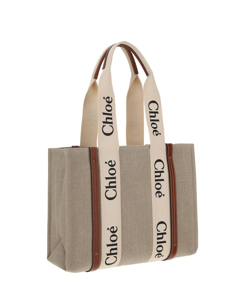 Chloé – Woody Tote Bag Medium in Lino Naturale con Finiture in Pelle
