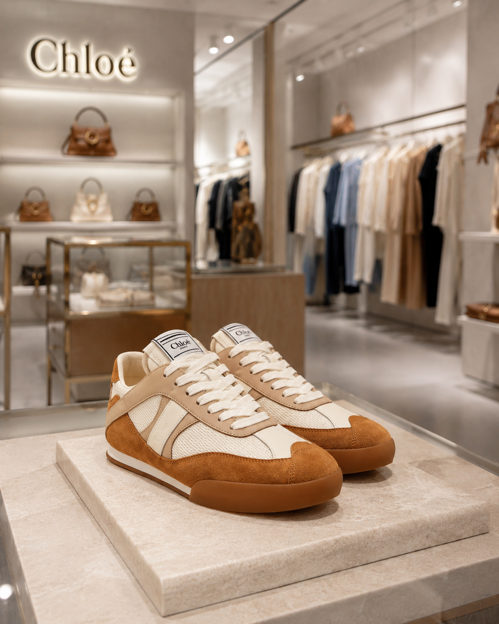 Chloé – Sneakers Kick in Suede, Mesh e Pelle Beige