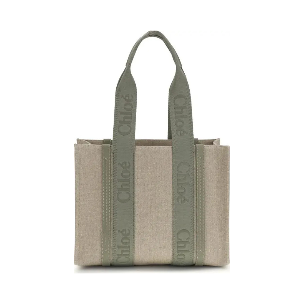 Chloé "Woody" Medium Tote Bag - Linen Canvas & Shiny Calfskin