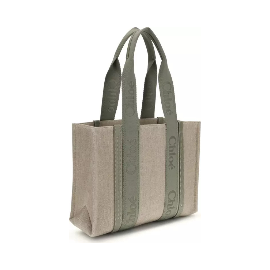 Chloé "Woody" Medium Tote Bag - Linen Canvas & Shiny Calfskin
