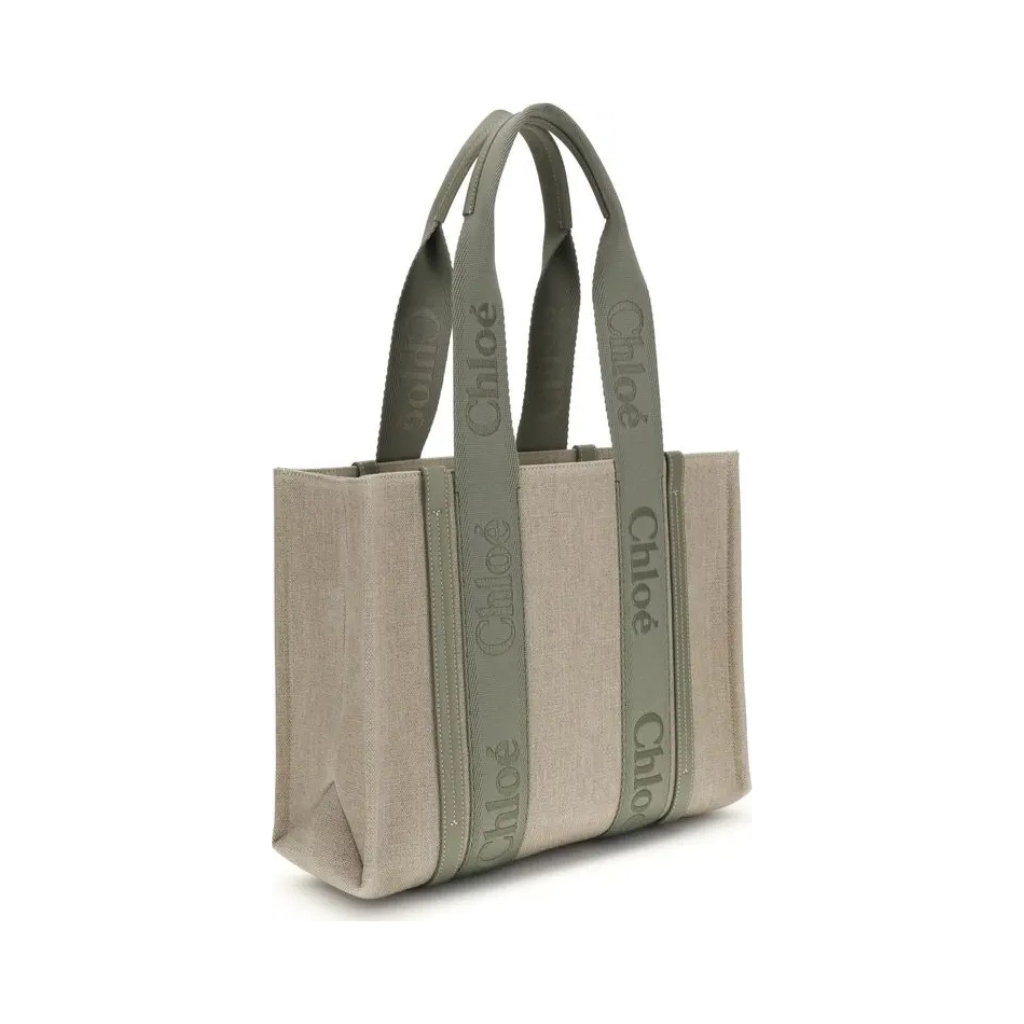 Chloé "Woody" Medium Tote Bag - Linen Canvas & Shiny Calfskin