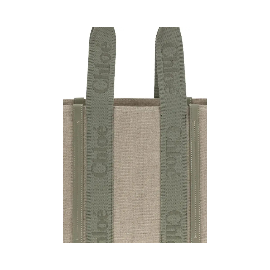 Chloé "Woody" Medium Tote Bag - Linen Canvas & Shiny Calfskin