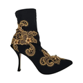 Dolce & Gabbana - Black Gold Embroidery Crystal Boots Shoes