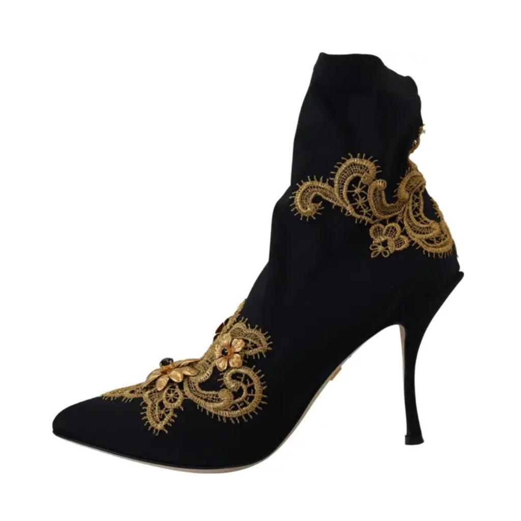 Dolce & Gabbana - Black Gold Embroidery Crystal Boots Shoes