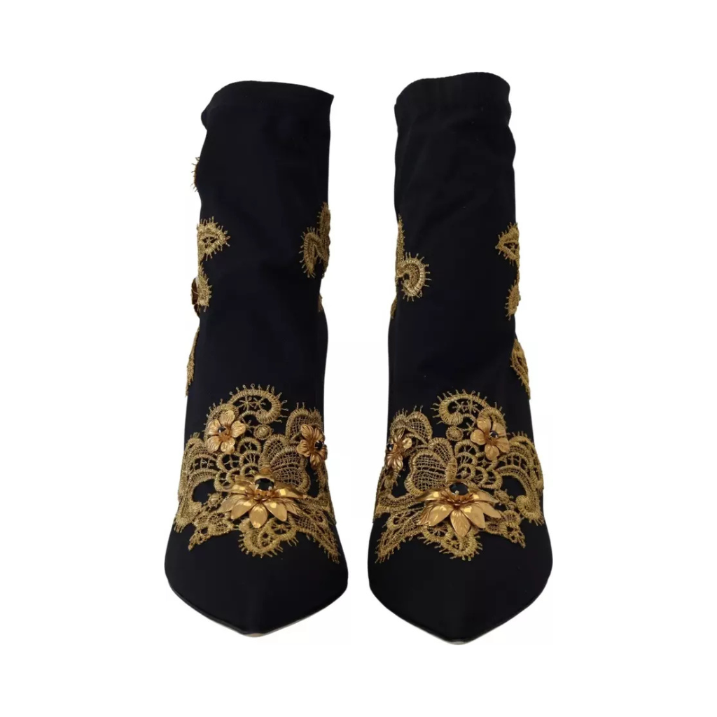 Dolce & Gabbana - Black Gold Embroidery Crystal Boots Shoes