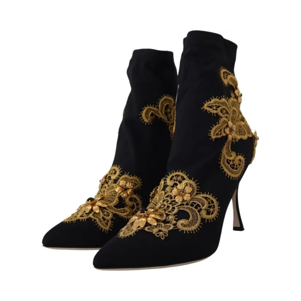 Dolce & Gabbana - Black Gold Embroidery Crystal Boots Shoes