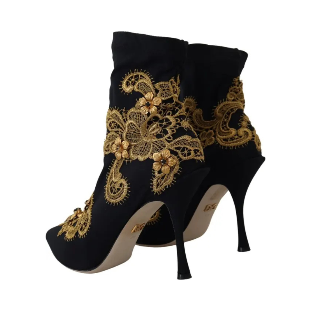 Dolce & Gabbana - Black Gold Embroidery Crystal Boots Shoes