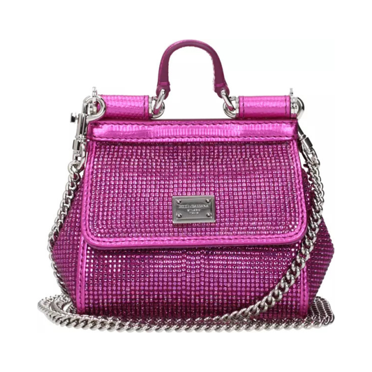 Dolce & Gabbana – Borsa Micro "Sicily" in Crystal Mesh Fucsia con Cristalli