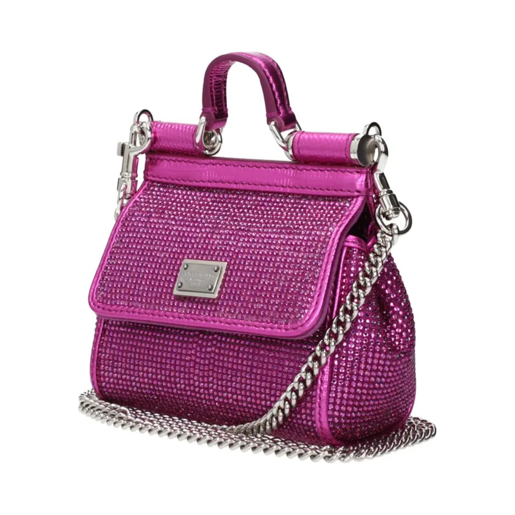 Dolce & Gabbana – Borsa Micro "Sicily" in Crystal Mesh Fucsia con Cristalli