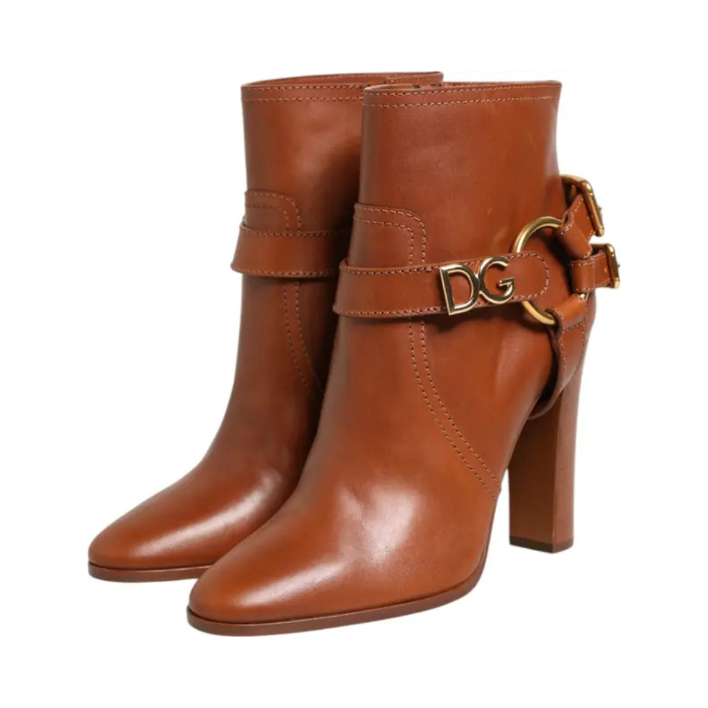 Dolce & Gabbana - Brown Leather DG Logo Buckle Ankle Boots Shoes