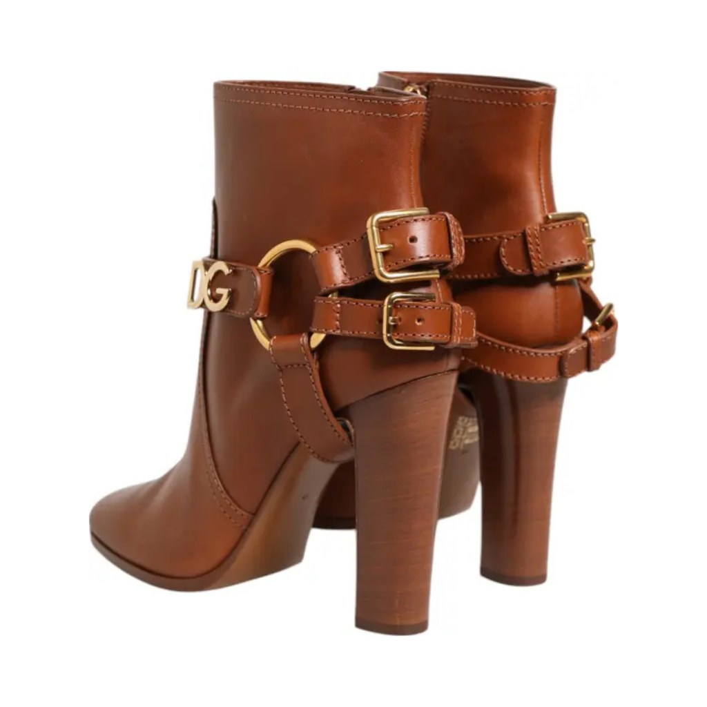 Dolce & Gabbana - Brown Leather DG Logo Buckle Ankle Boots Shoes