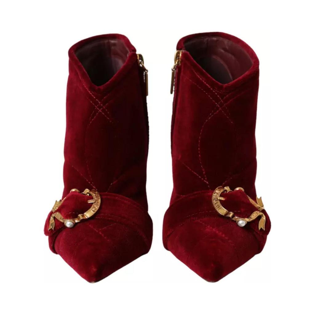 Dolce & Gabbana - Dark Red Velvet Devotion Buckle Boots Shoes