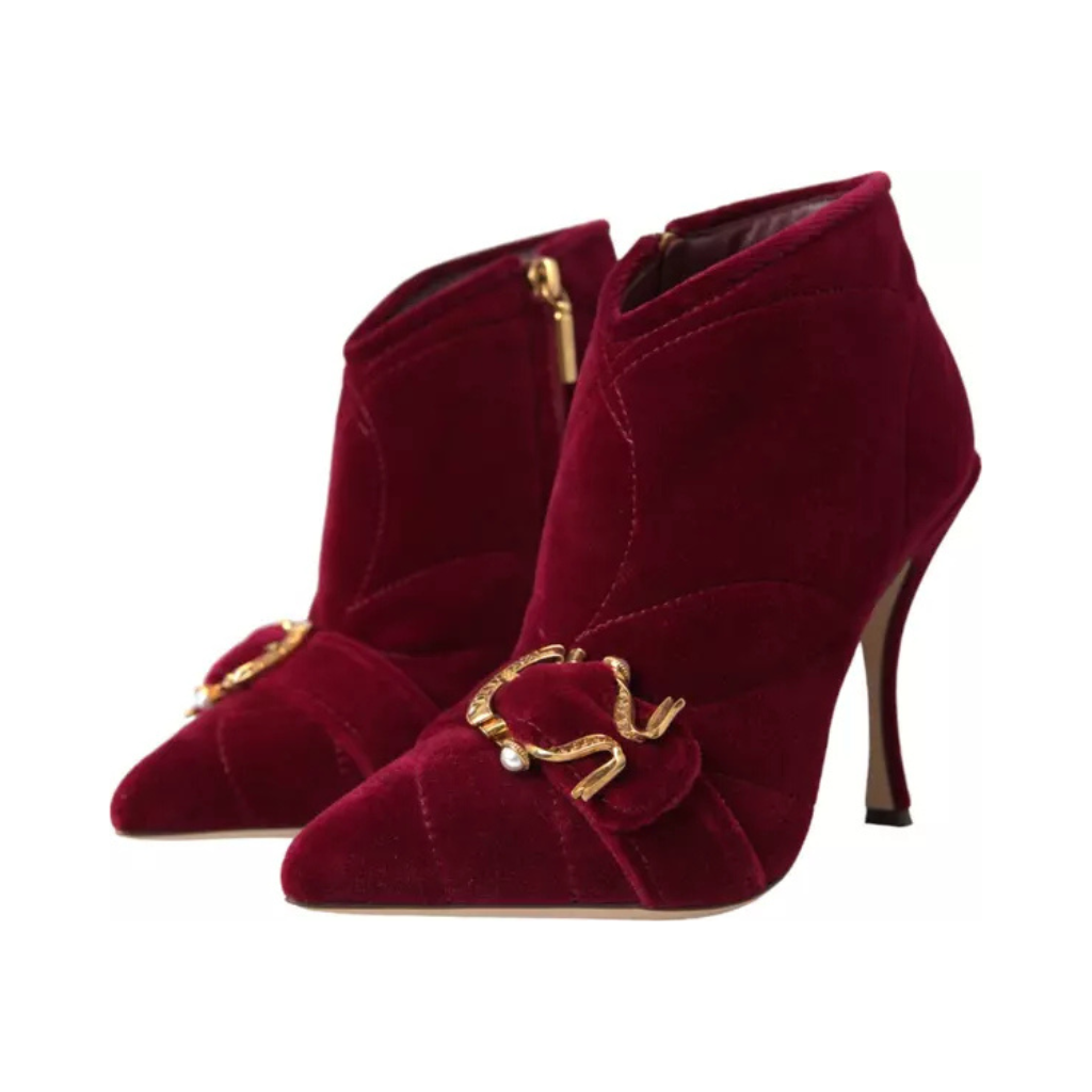 Dolce & Gabbana - Dark Red Velvet Devotion Buckle Boots Shoes