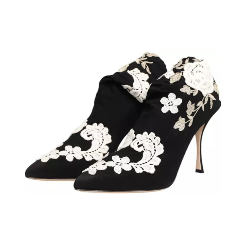 Dolce & Gabbana - Black White Embroidered Jersey Stiletto Boots Shoes