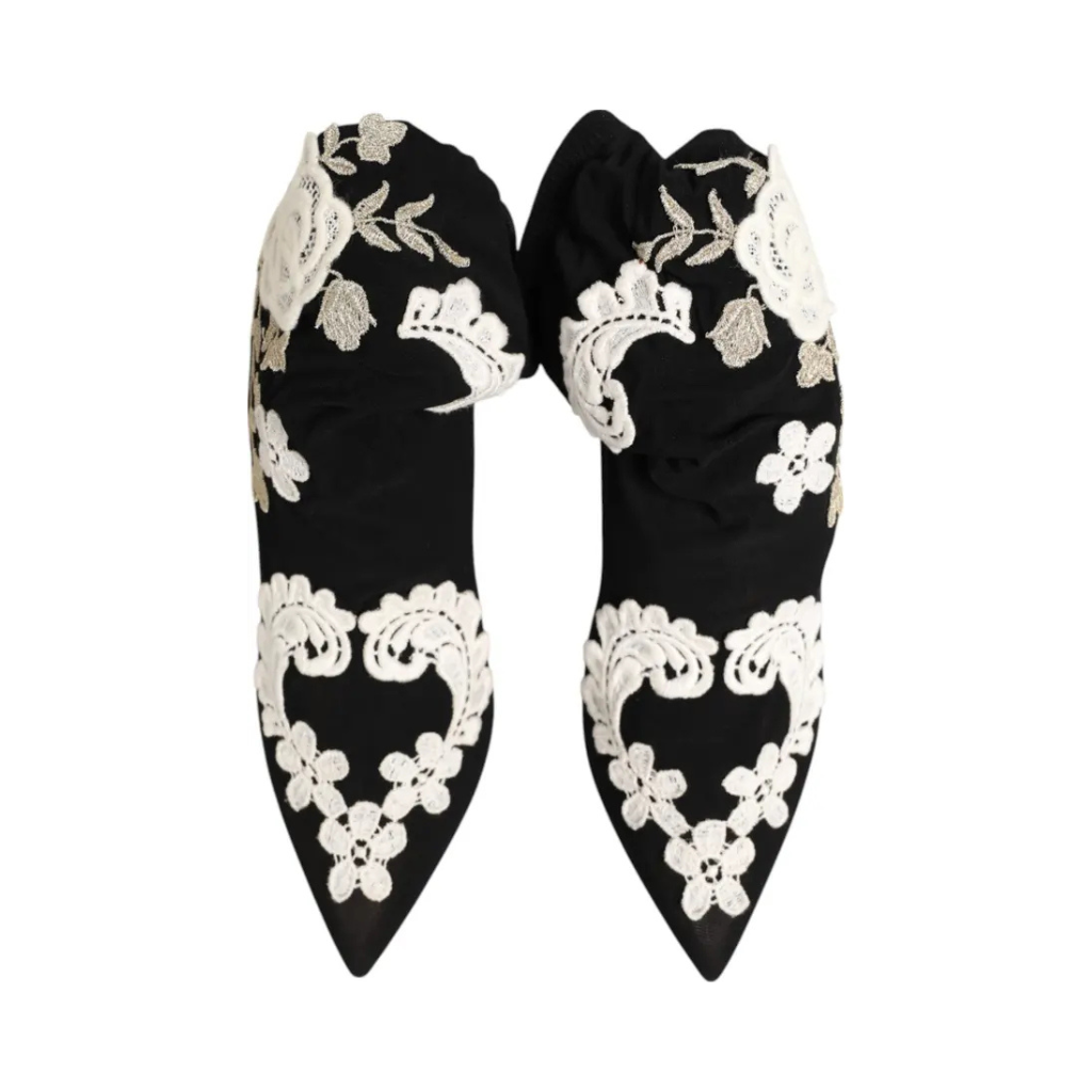Dolce & Gabbana - Black White Embroidered Jersey Stiletto Boots Shoes