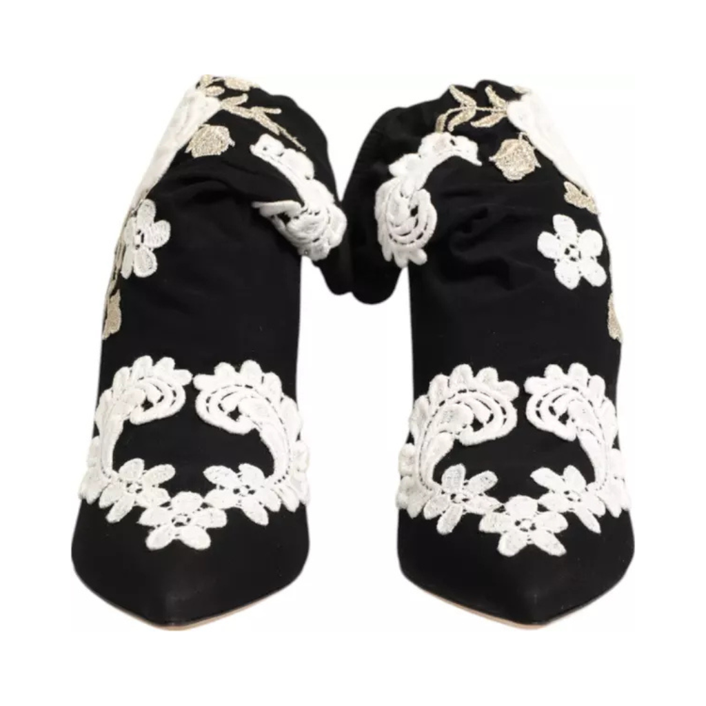 Dolce & Gabbana - Black White Embroidered Jersey Stiletto Boots Shoes