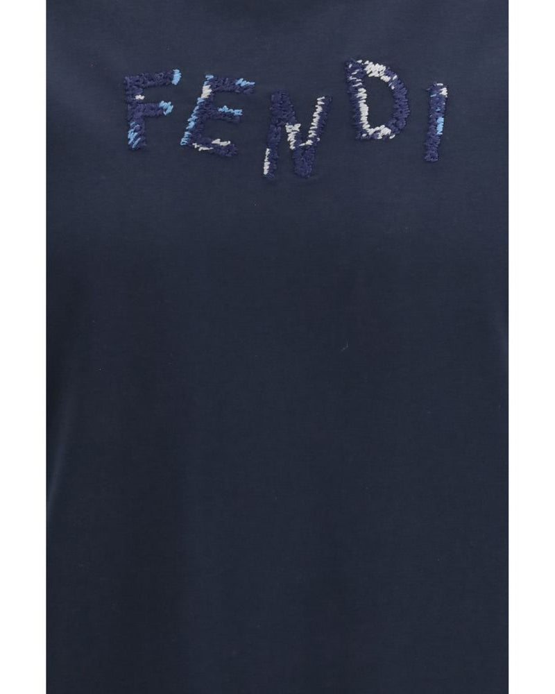Fendi – Cotton T-Shirt with Asymmetric Logo Blue