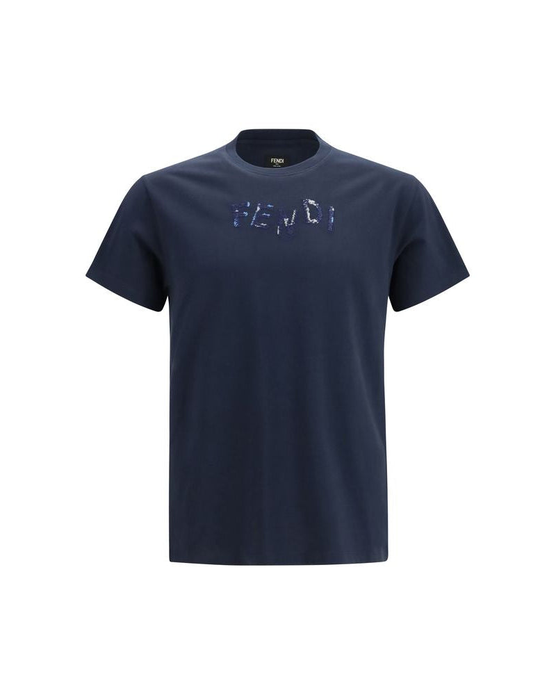 Fendi – Cotton T-Shirt with Asymmetric Logo Blue