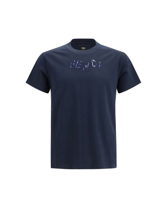 Fendi – Cotton T-Shirt with Asymmetric Logo Blue