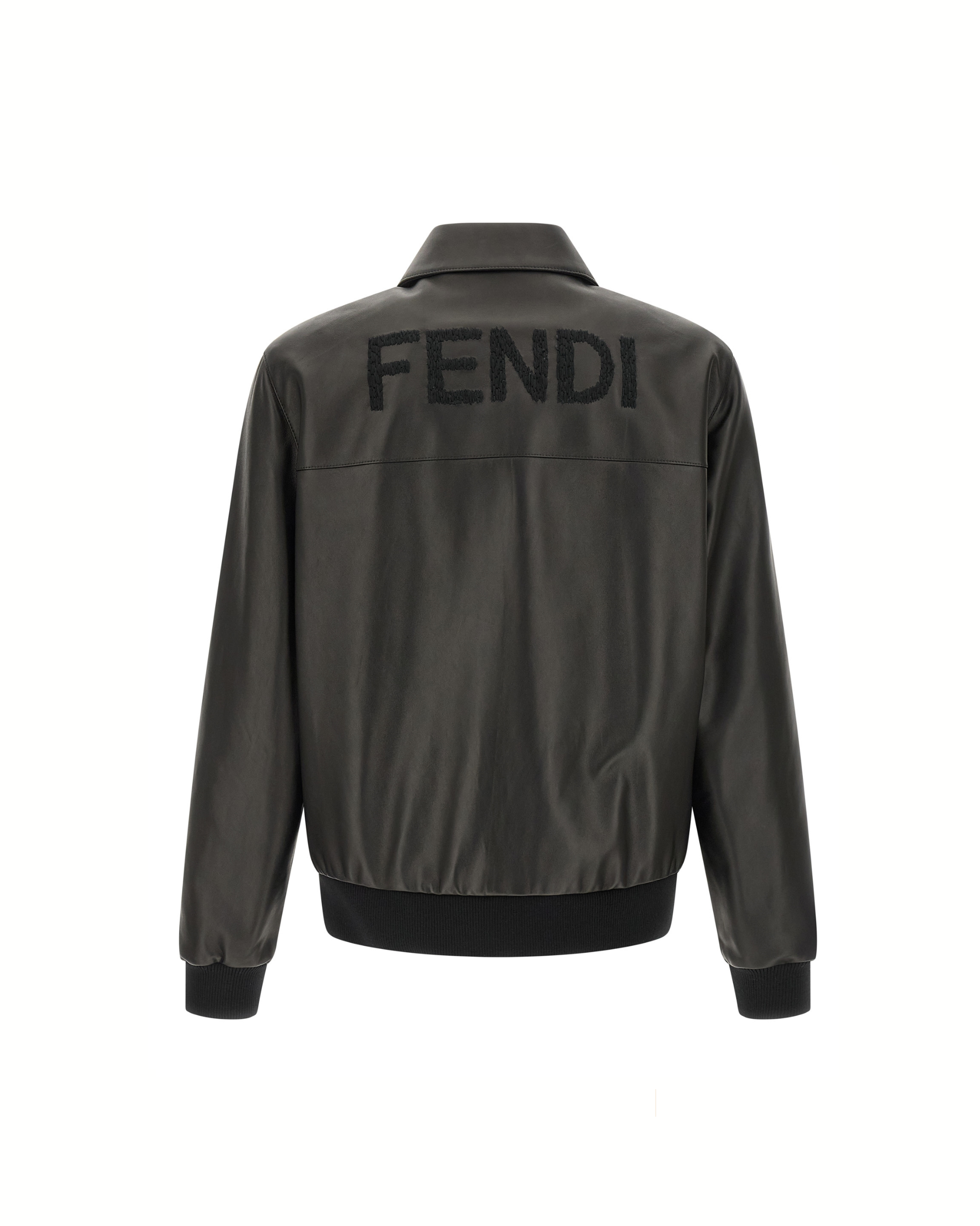 Fendi Leather Blouson con Logo Embroidered Black