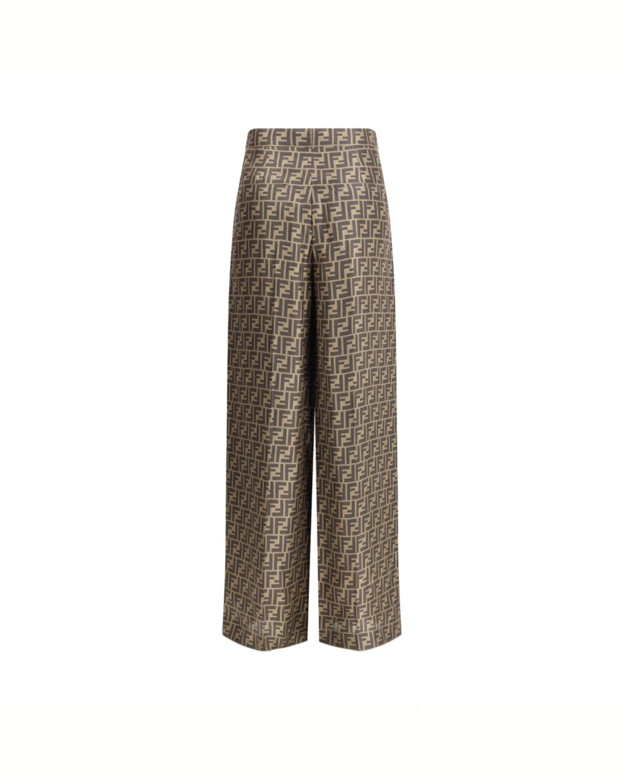 Fendi – Pantaloni Palazzo FF Monogram in Seta Brown e Beige