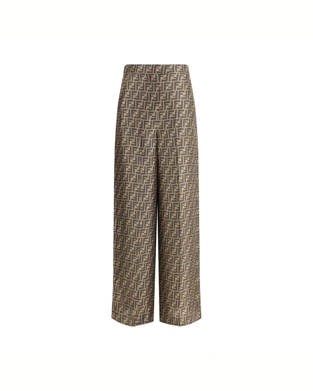 Fendi – Pantaloni Palazzo FF Monogram in Seta Brown e Beige