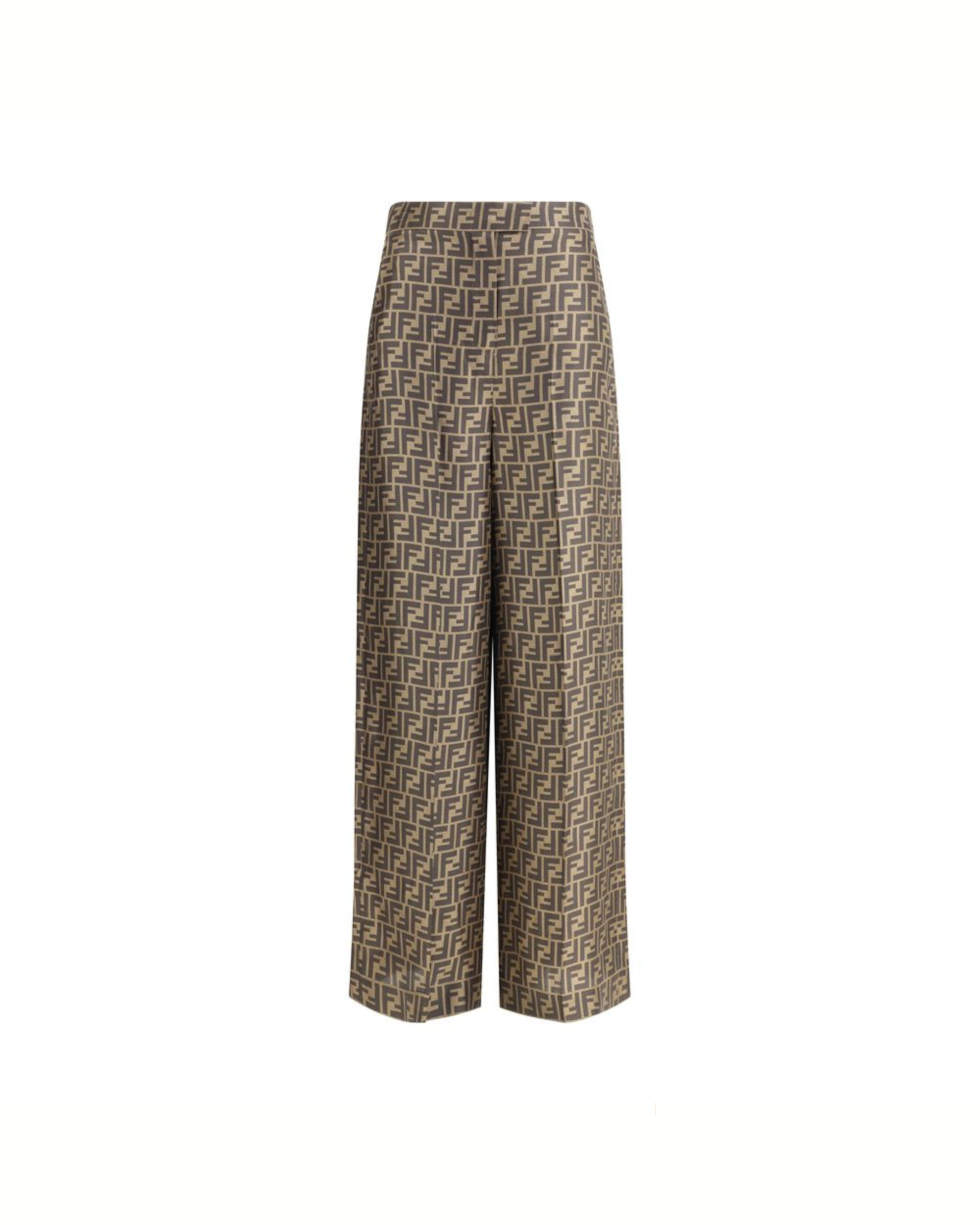 Fendi – Pantaloni Palazzo FF Monogram in Seta Brown e Beige
