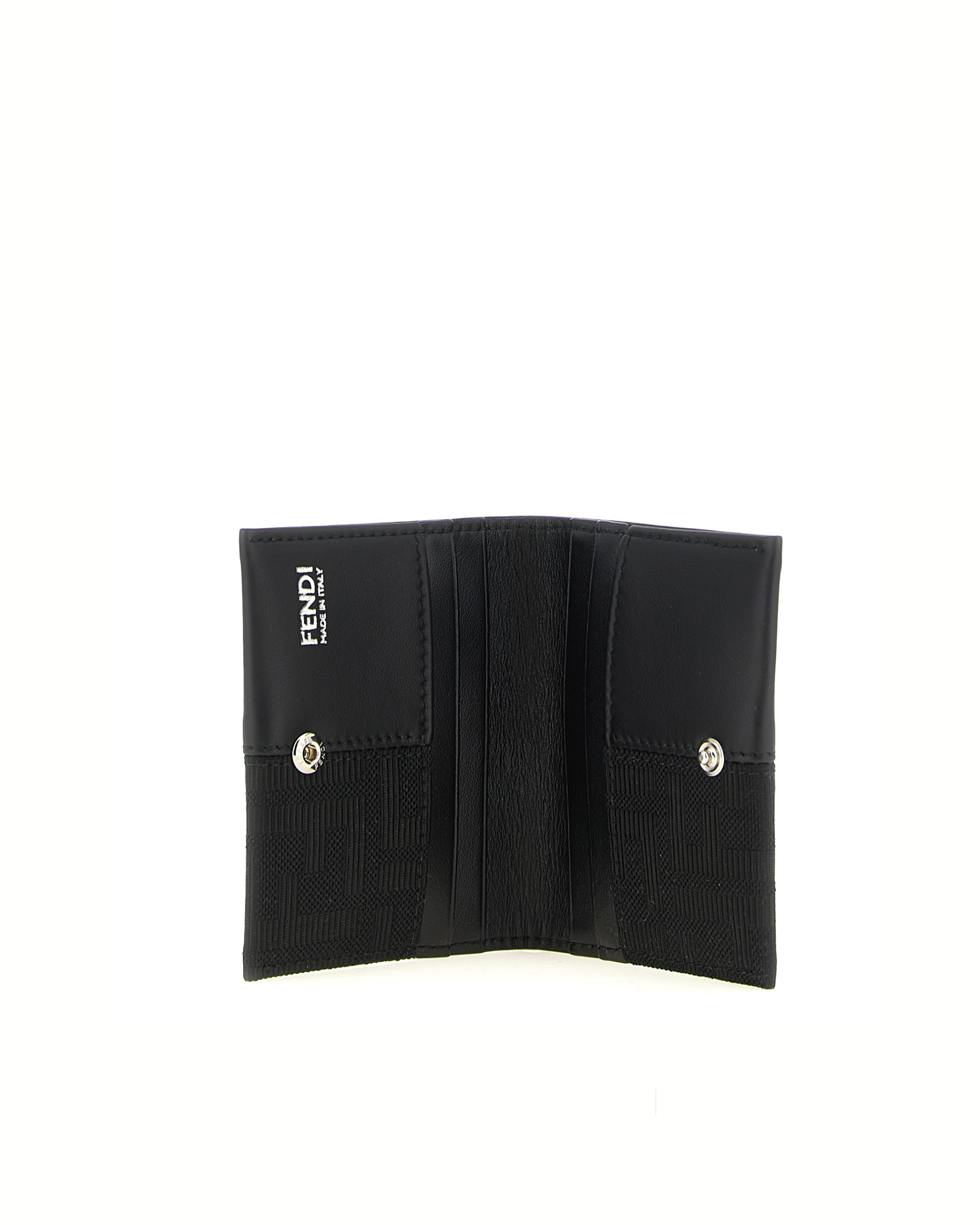 Fendi – Portacarte Bifold FF Zucca in Tessuto Jacquard e Pelle Nera