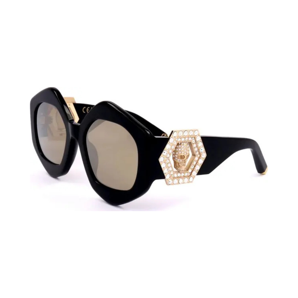 Philipp Plein - SPP102S Crystal Hexagon Sunglasses - Black & Gold Skull