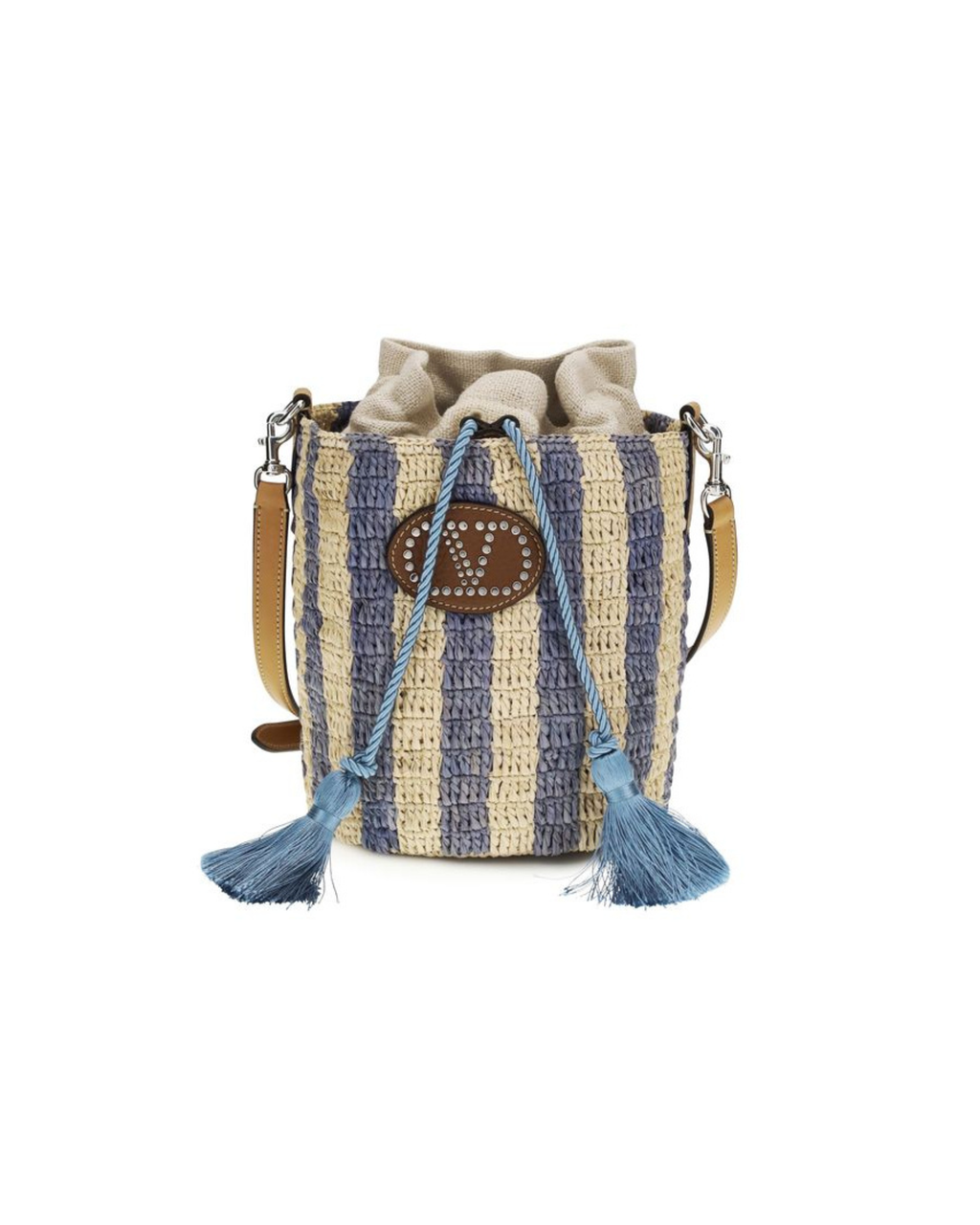 Valentino Garavani – Bucket Bag Piccola in Raffia a Righe con VLogo Signature