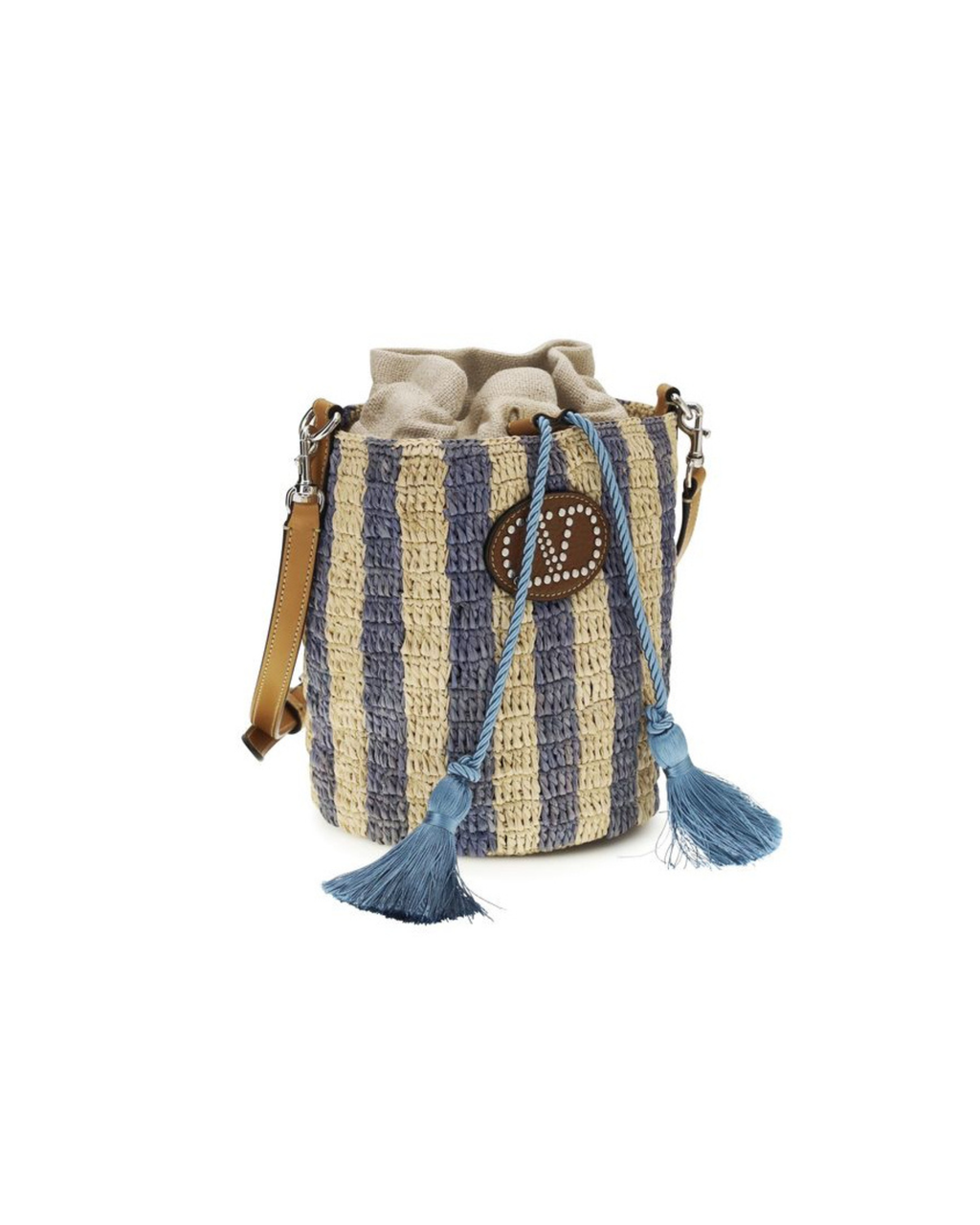 Valentino Garavani – Bucket Bag Piccola in Raffia a Righe con VLogo Signature
