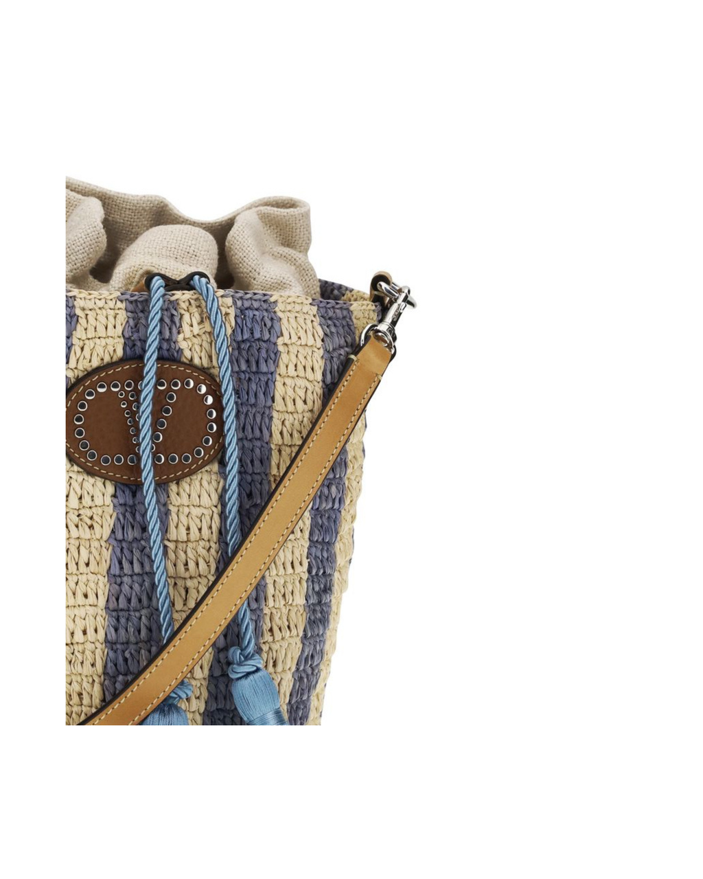 Valentino Garavani – Bucket Bag Piccola in Raffia a Righe con VLogo Signature