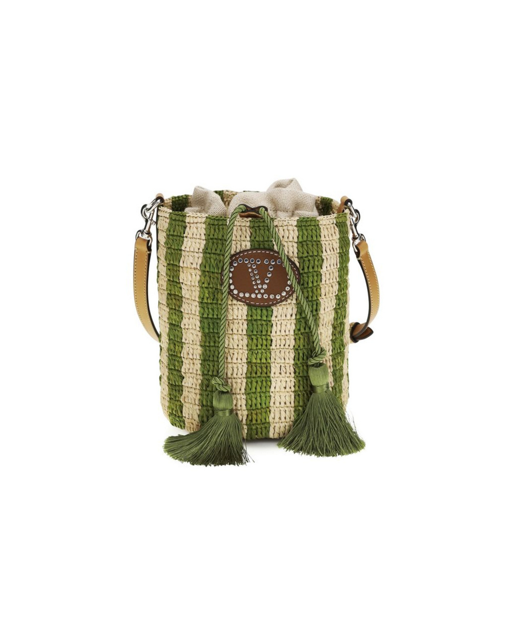 Valentino Garavani – Bucket Bag Piccola in Raffia a Righe Verde con VLogo Signature