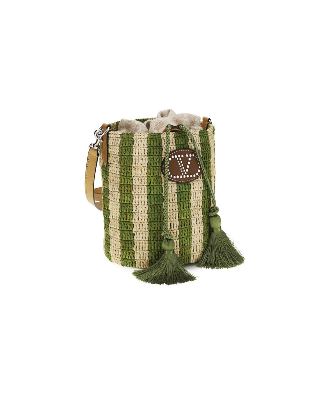 Valentino Garavani – Bucket Bag Piccola in Raffia a Righe Verde con VLogo Signature