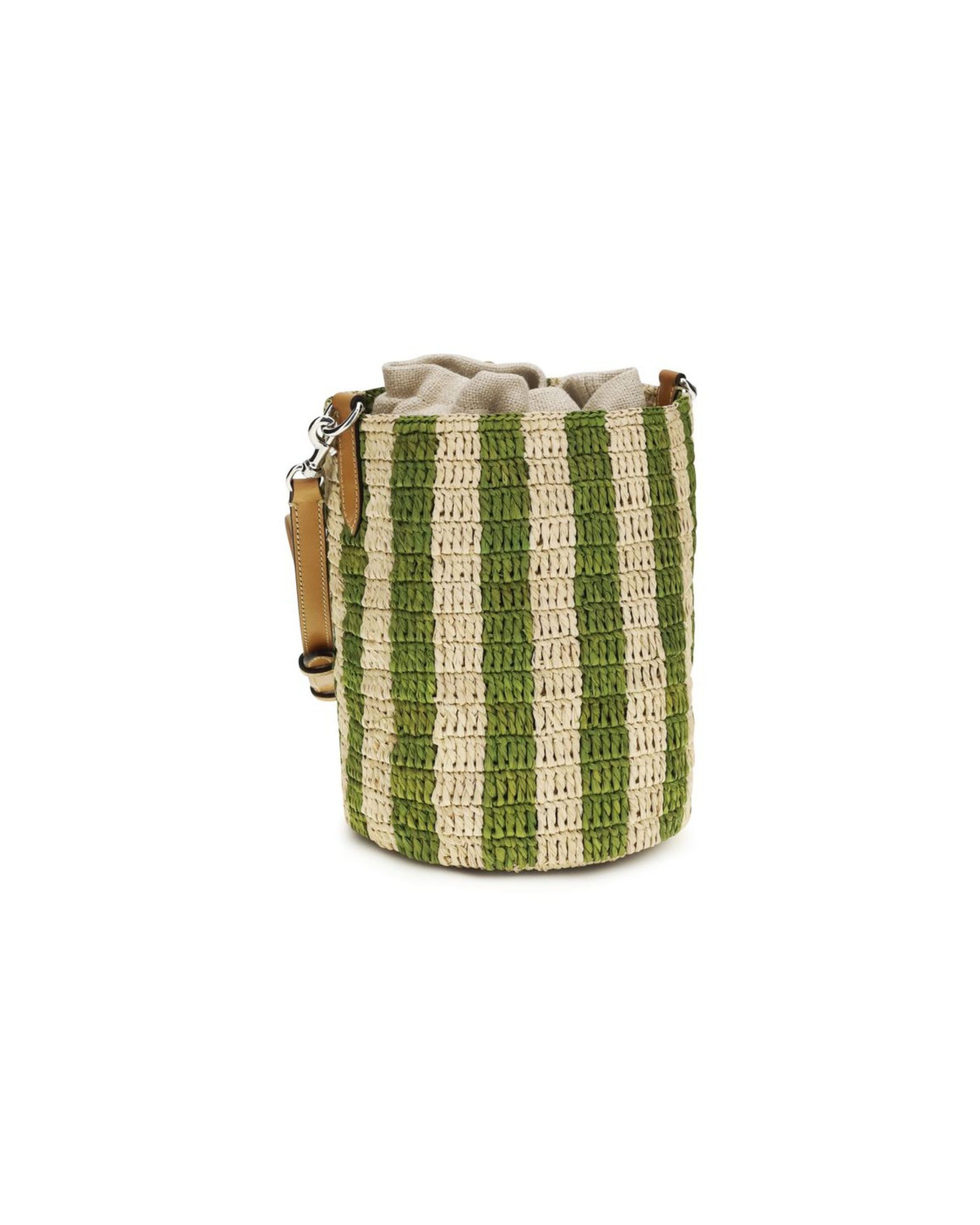 Valentino Garavani – Bucket Bag Piccola in Raffia a Righe Verde con VLogo Signature