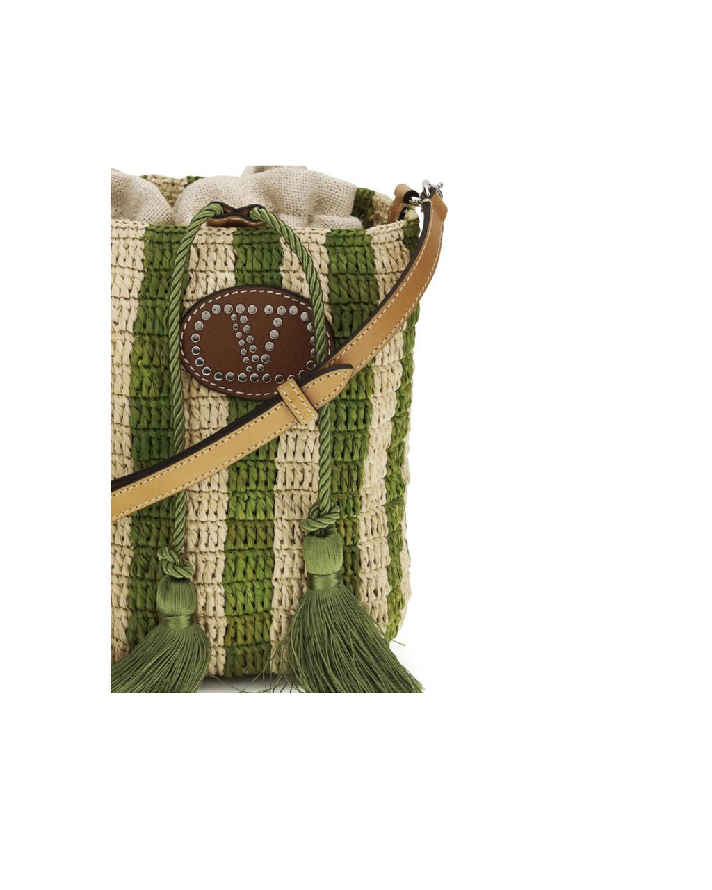 Valentino Garavani – Bucket Bag Piccola in Raffia a Righe Verde con VLogo Signature