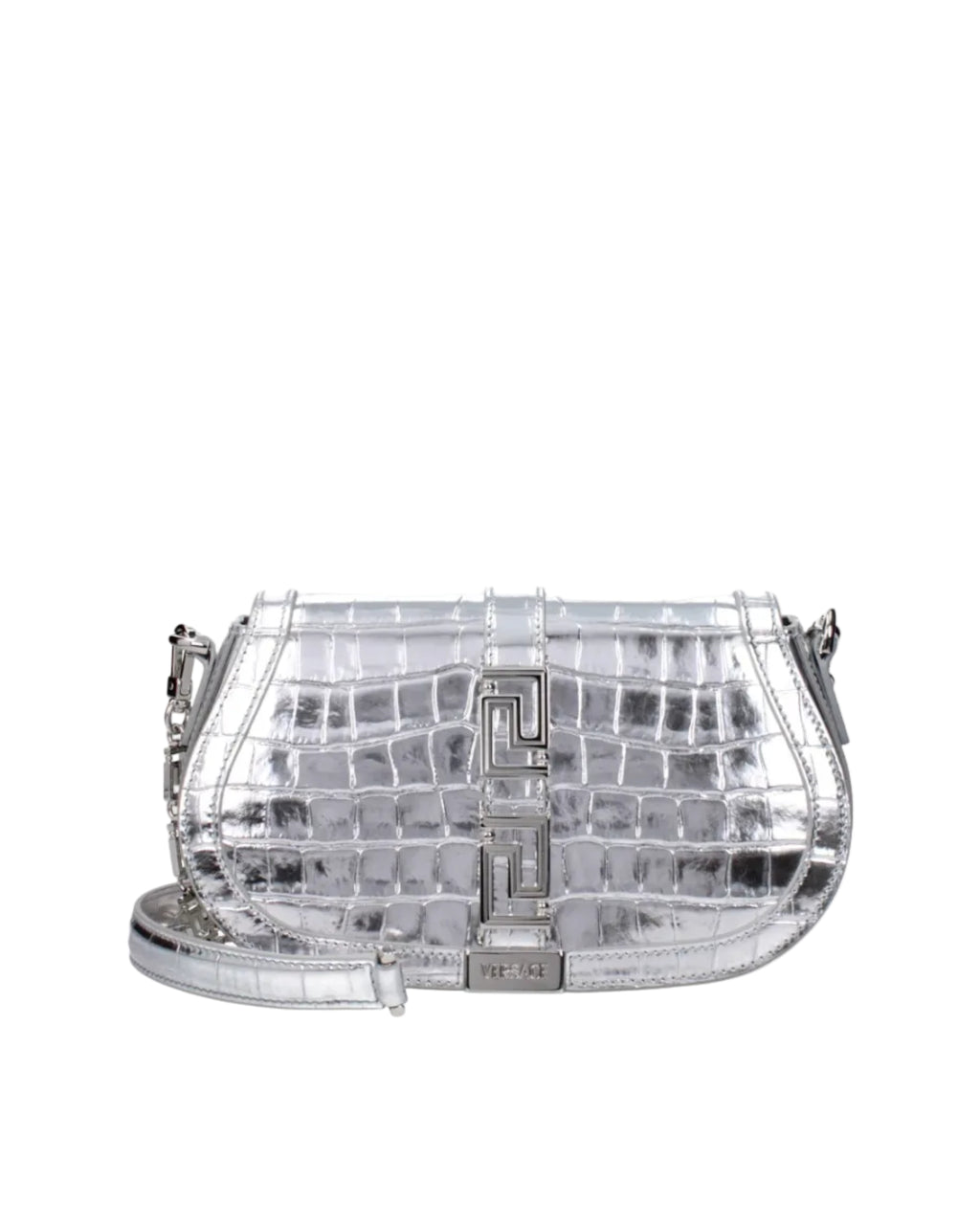 Versace – Greca Croc-Effect Shoulder Bag Silver