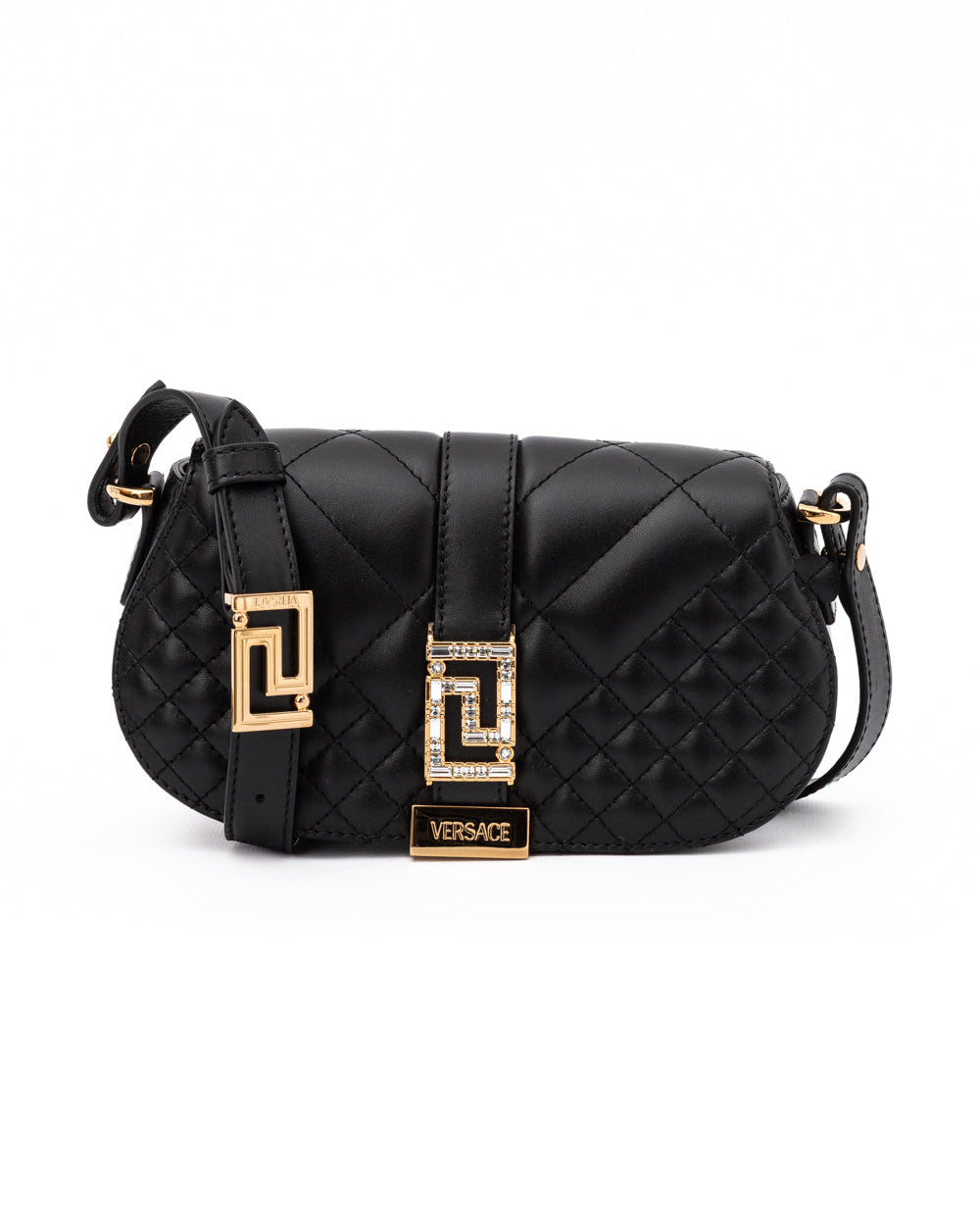 Versace – Quilted Lambskin Shoulder Bag Black with Crystal Greca Hardware
