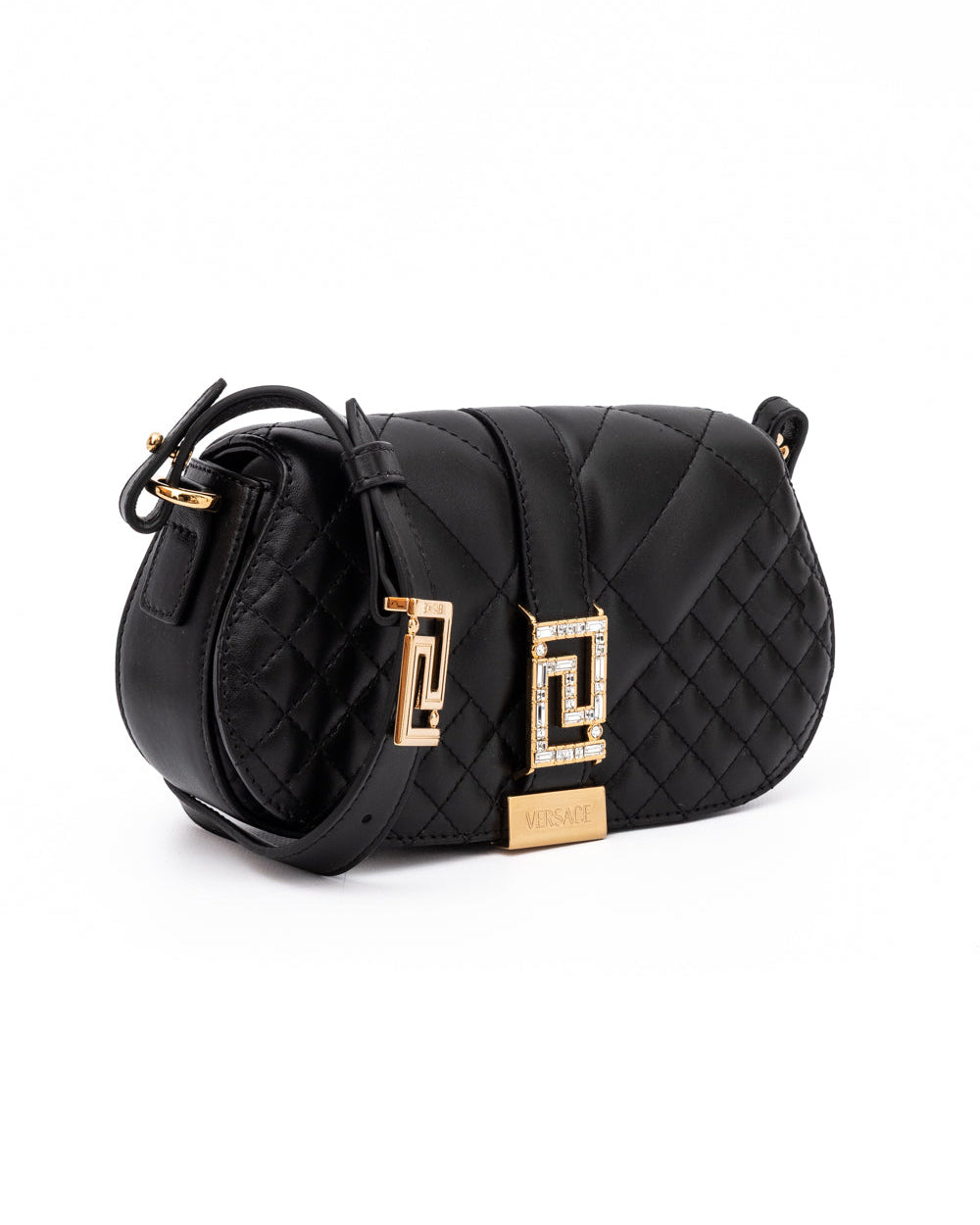 Versace – Quilted Lambskin Shoulder Bag Black with Crystal Greca Hardware